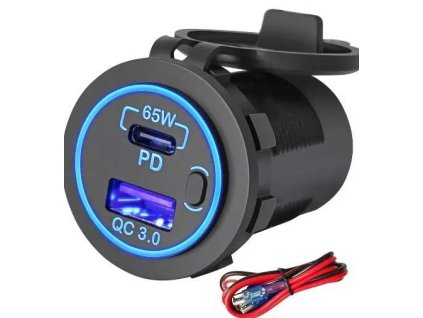 Napájecí zdířka 12-24V/65W USB-A QC + USB-C PD kulatá