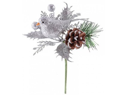 Větvička MagicHome s ptáčkem, stříbrná