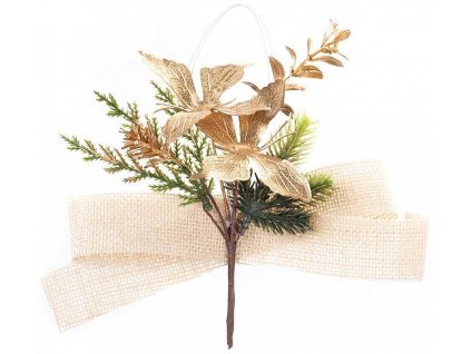 Větvička MagicHome s motýly a jutovou stuhou, zlatá, 19cm
