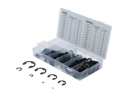 Pojistné kroužky třmenové („E-kroužek“), velikosti 1,5 až 22 mm, sada 300 ks – BGS 8039