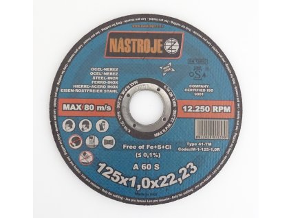 Kotouč řezný 125 x 1,0 x 22 mm, na ocel a nerez