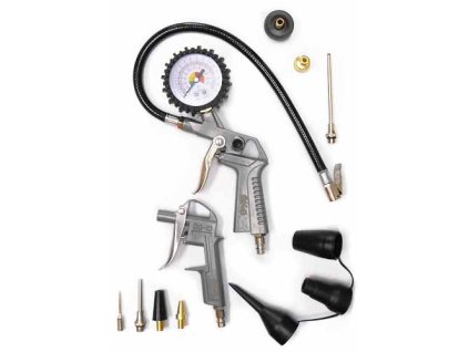 Pneumatická sada - pneuhustič s manometrem, ofukovací pistole s nástavci, 12 dílů