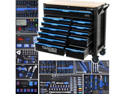 Dílenský vozík s nářadím | 713ks | velký | 12 zásuvek | dřevěná deska