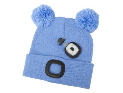 Čepice LED dětská s bambulí, 4xSMD LED, USB nabíjení, modrá, M