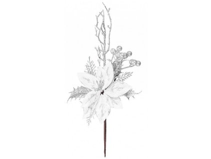 Větvička MagicHome s květem, stříbrná, 27cm