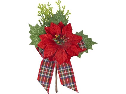 MagicHome Vánoční větvička, s květem vánoční hvězdy a stuhou, červená, 17cm, 1bal. = 6ks, cena za 1ks