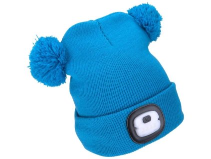 Čepice dětská s čelovkou 4 x 25 lm USB nabíjení modrá s bambulemi EXTOL LIGHT