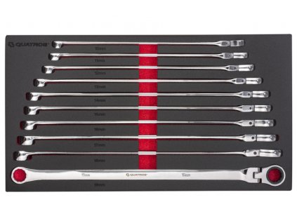 10dílná extra dlouhá sada dvojitých očkových klíčů s ráčnou a flexibilními hlavami 10-19 m