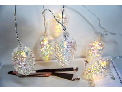 Řetěz MagicHome šišky, 10 LED teplá bílá, 2xAA, jednoduché svícení, 1,35 m