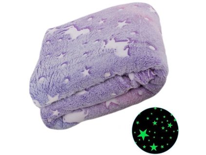 Teplá, svítící ,hřejivá deka, fialová s koňmi a hvězdami