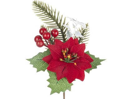 MagicHome Vánoční větvička, s květem vánoční hvězdy, červená, 24 cm, 1bal. = 6ks, cena za 1ks