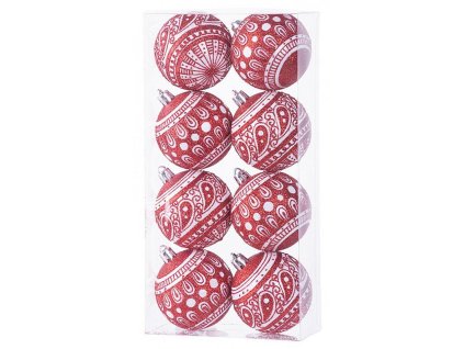 Baňky MagicHome červené s bílými ornamenty, 6cm, 8ks