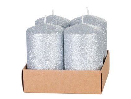 Svíčka MagicHome valcová s glitry, stříbrná, 4,8x8cm, 4ks