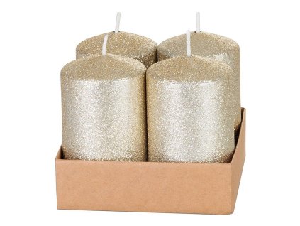 Svíčka MagicHome válcová s glitry, šampaň, 4,8x8cm, 4ks