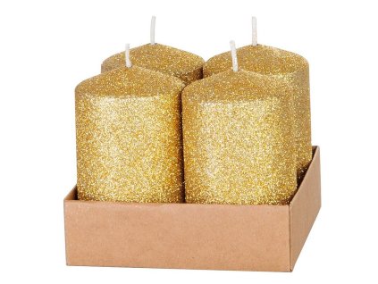 Svíčka MagicHome válcová s glitry, zlatá, 4,8x8cm, 4ks