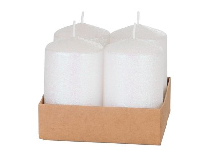 Svíčka MagicHome válcová s glitry, bílá, 4,8x8cm, 4ks