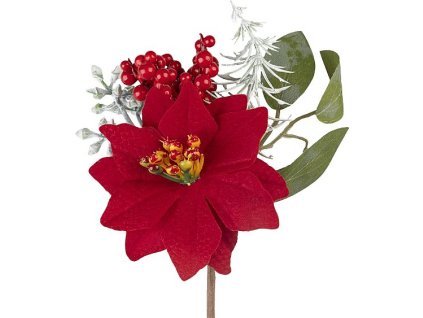 MagicHome Vánoční větvička, s květem vánoční hvězdy, červená, 19 cm