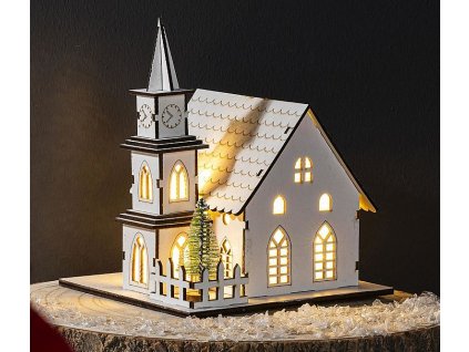 MagicHome Vánoční dekorace, kostel, dřevo, 6xLED teplá bílá, 15x17x18.5 cm, 2xAAA