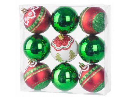 Baňky MagicHome červeno-zelené, s dekorací, 6cm, 9ks