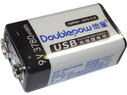 Nabíjecí baterie Li-ion 9V 420mAh 6F22, Doblepow, napájení USB-C