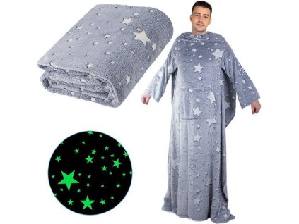 Teplá, velká fleecová deka s rukávy, šedá  hvězdice