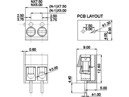 Svorkovnice do DPS 2P DG300-5.0, RM=5mm, modrá