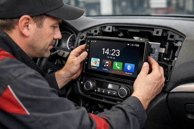 mechik-montuje-autoradio