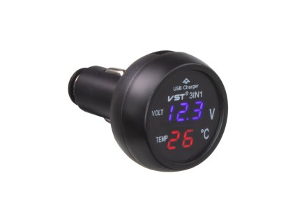 34666 Digitální voltmetr s teploměrem + USB nabíječka do CL zásuvky, 12-24V