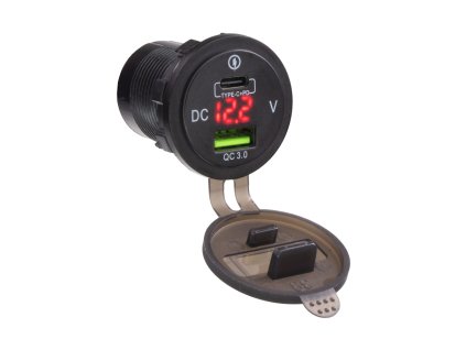34575R USB nabíječka QC3.0 + USB-C, digitální voltmetr do panelu