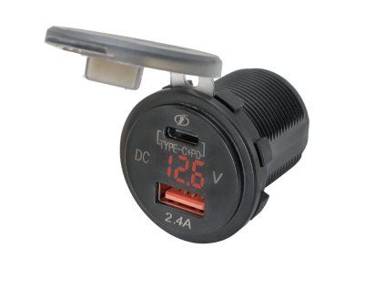 385122 R Adaptér 12V - USB 2,4A + USB C + V-metr