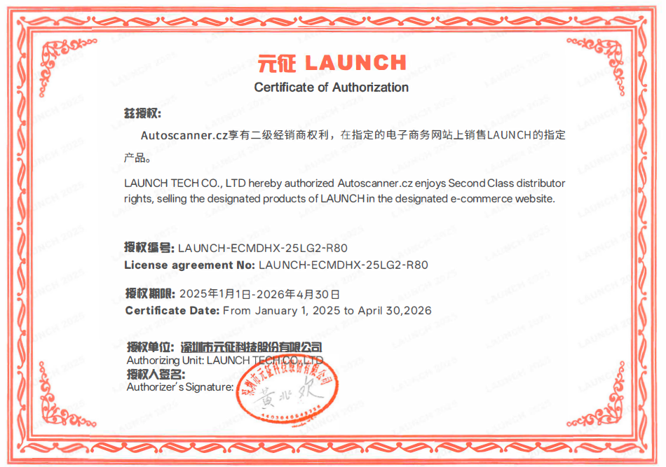 Certifikát autorizovaného prodejce Launch X431