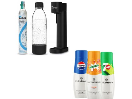 PUSHAIR saturator wody czarny syfon + nabój CO2 + butelka 0,7 l + 3 x syrop