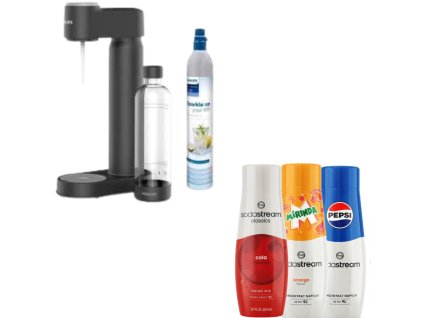Philips výrobník sody, s CO2 kazetou, černý + SodaStream 3 x sirupy
