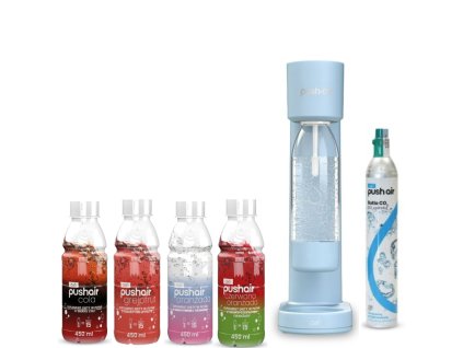 PUSHAIR Dafi Wassersprudler Azur + CO2-Kartusche + Flasche 0,7 l + 4 x Sirups