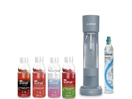 PUSHAIR Dafi sýtič vody oceľ + CO₂ kartuša + fľaša 0,7 l + 4 x sirupy
