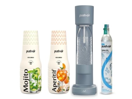 PUSHAIR Dafi saturator wody stalowy + nabój CO₂ + butelka 0,7 l + 2 syropy