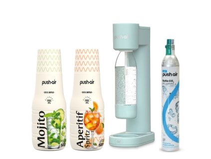 PUSHAIR Dafi saturátor na vodu mátový sifon + CO₂ kazeta + láhev 0,7 + 2 sirupy