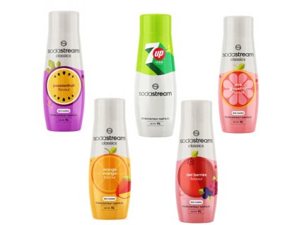 5x Siropuri SodaStream: 7UP ZERO + Portocală-Mango + Grapefruit + Fructe de Pădure Roșii + Fructul Pasiunii