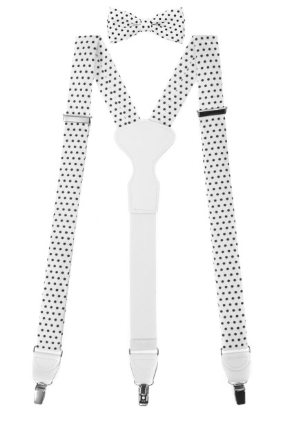 Set Látkové šle Y s koženým středem a zapínáním na klipy - 35 mm, motýlek a kapesníček, 881-197601, Bílá s černými puntíky, bílá kůže