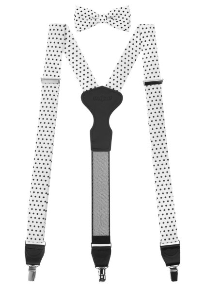 Set Látkové šle Y s koženým středem a zapínáním na klipy - 35 mm, motýlek a kapesníček, 881-197623, Bílá s černými puntíky, černá kůže