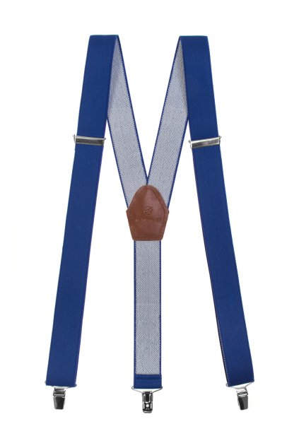 Šle Y s koženým středem a zapínáním na klipy - 35 mm, 856-73563, Královsky modrá, tmavě hnědá kůže