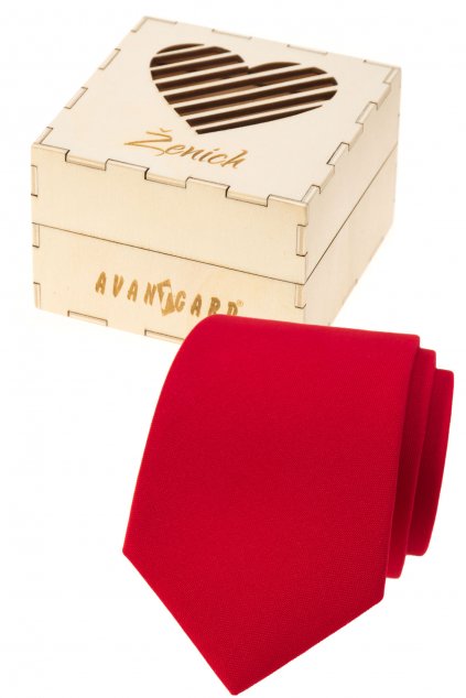 Dárkový set Ženich - Kravata LUX v dárkové dřevěné krabičce s nápisem, 919-985722, Červená, přírodní dřevo