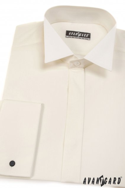 Pánská košile FRAKOVKA s krytou légou a dvojitými manžetami na manžetové knoflíčky, 671-2, Smetanová