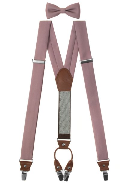 Set Látkové šle Y s koženým středem a zapínáním na klipy - 35 mm, motýlek a kapesníček, 886-986263, Mocha /nude, tmavě hnědá kůže