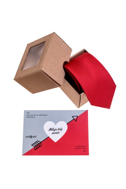 Dárkový set k Valentýnu - Kravata v dárkové papírové krabičce s přáním, 919-140225, Červená