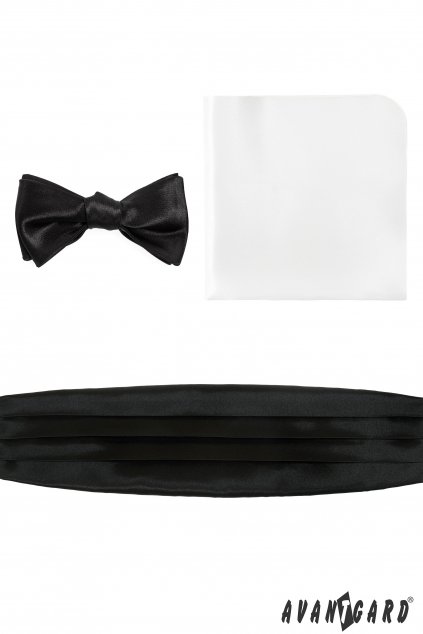 Smokingový pás s vázacím motýlkem a kapesníčkem, 975-9015, Černá lesklá, bílý kapesníček
