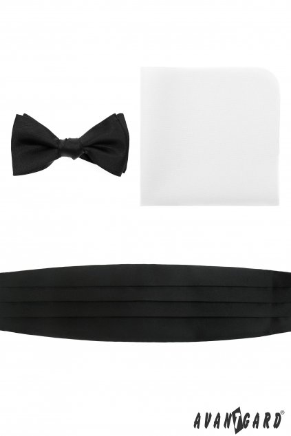 Smokingový pás s vázacím motýlkem a kapesníčkem, 975-2323, Černá matná, bílý kapesníček