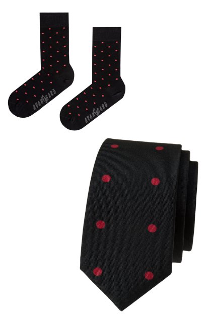 Set kravata a ponožky, 780-05005, Černá s červeným puntíkem (Velikost 39/42)
