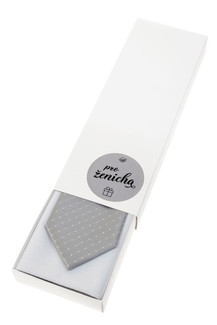 Dárkový set Pro ženicha - Kravata s kapesníčkem v papírové krabičce, 919-0722090, Šedá s bílým puntíkem