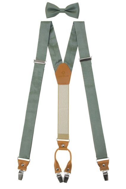 Set Látkové šle Y s koženým středem a zapínáním na klipy - 35 mm, motýlek a kapesníček, 886-2252569, Zelená/šalvějová, koňaková kůže